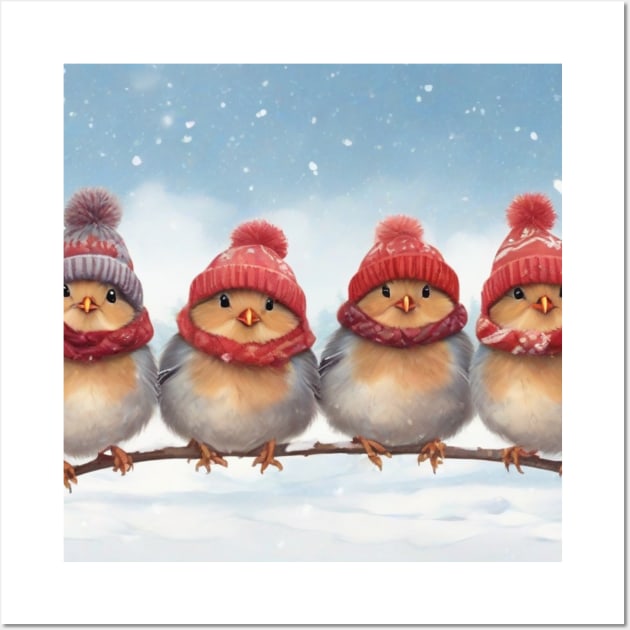 Four Cute Robins in Hats and Scarves on a Branch Wall Art by susiesue